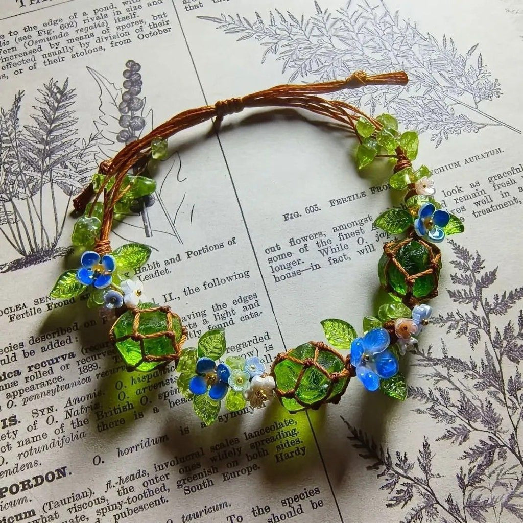 Handmade braided bracelet - forest-inspired fresh floral vine with blue glazed beads