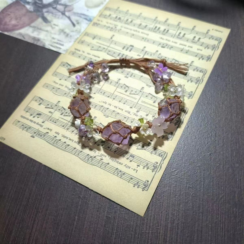 Handmade braided synthetic amethyst bracelet - raw stone gift cord