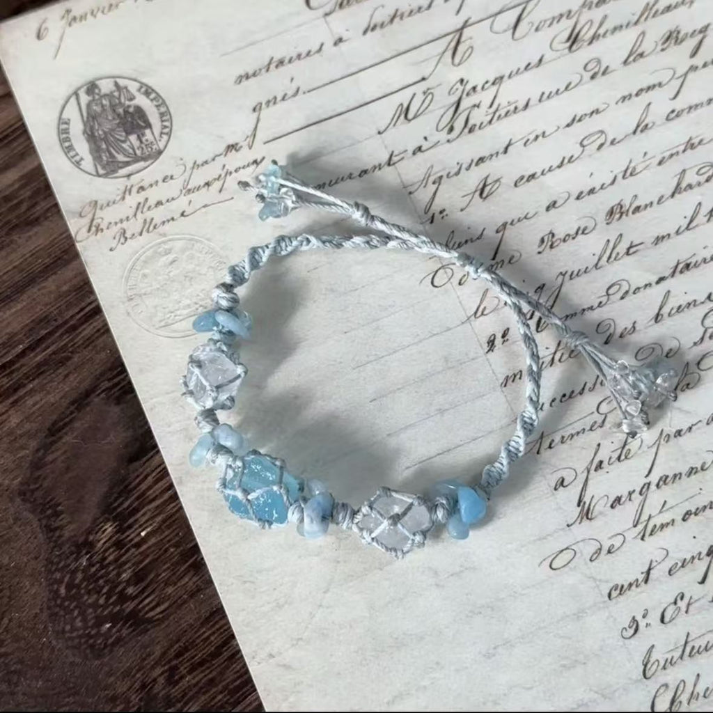 Aquamarine and white crystal handmade braided bracelet
