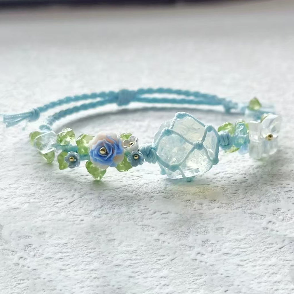 Handmade, fresh & light blue braided bracelet with white crystal charm for women