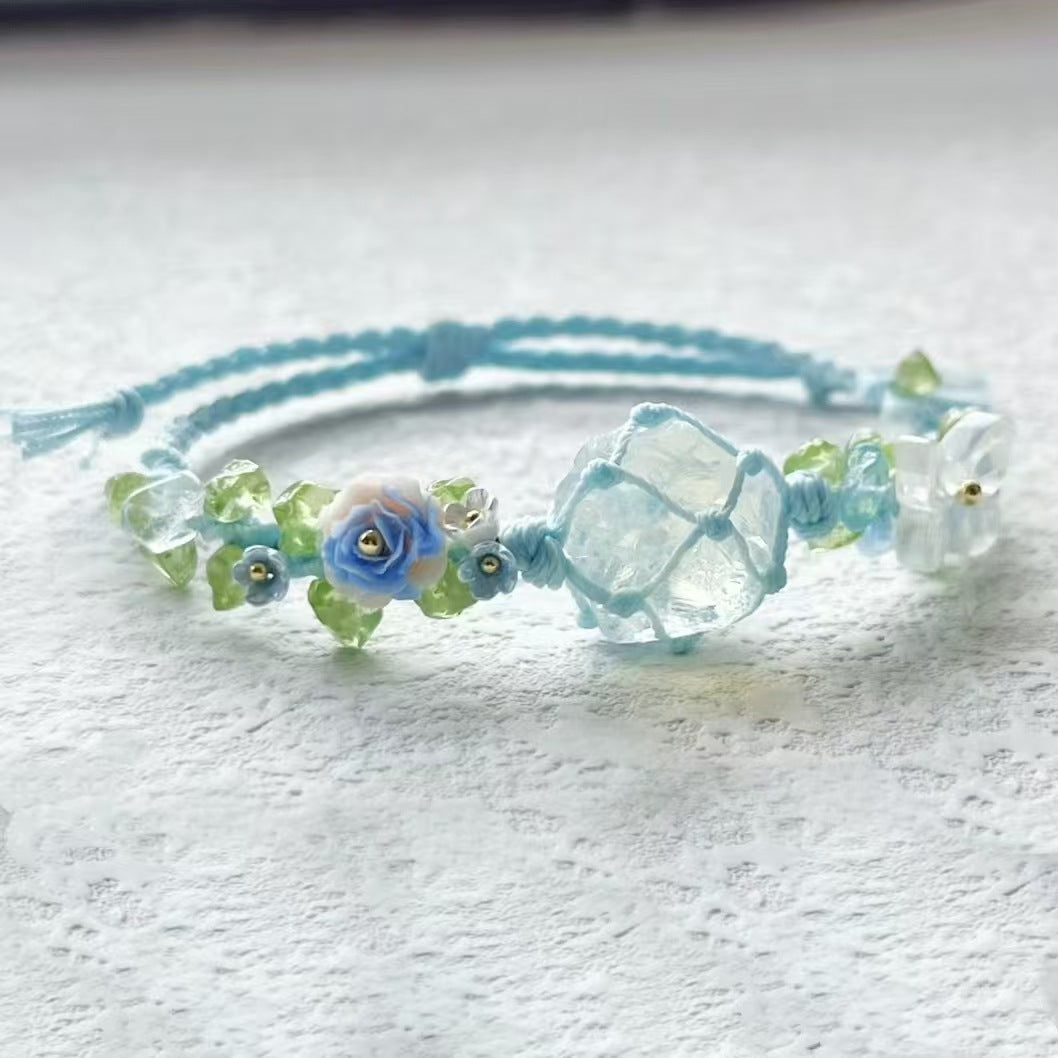 Handmade, fresh & light blue braided bracelet with white crystal charm for women