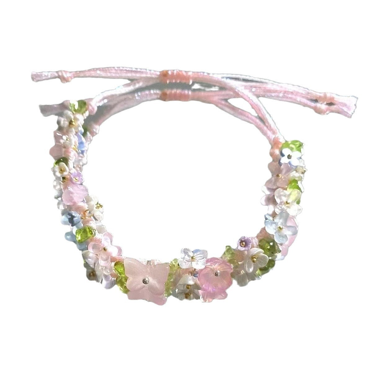 Crystal raw stone braided floral bracelet - mori girl style handmade cord bracelet