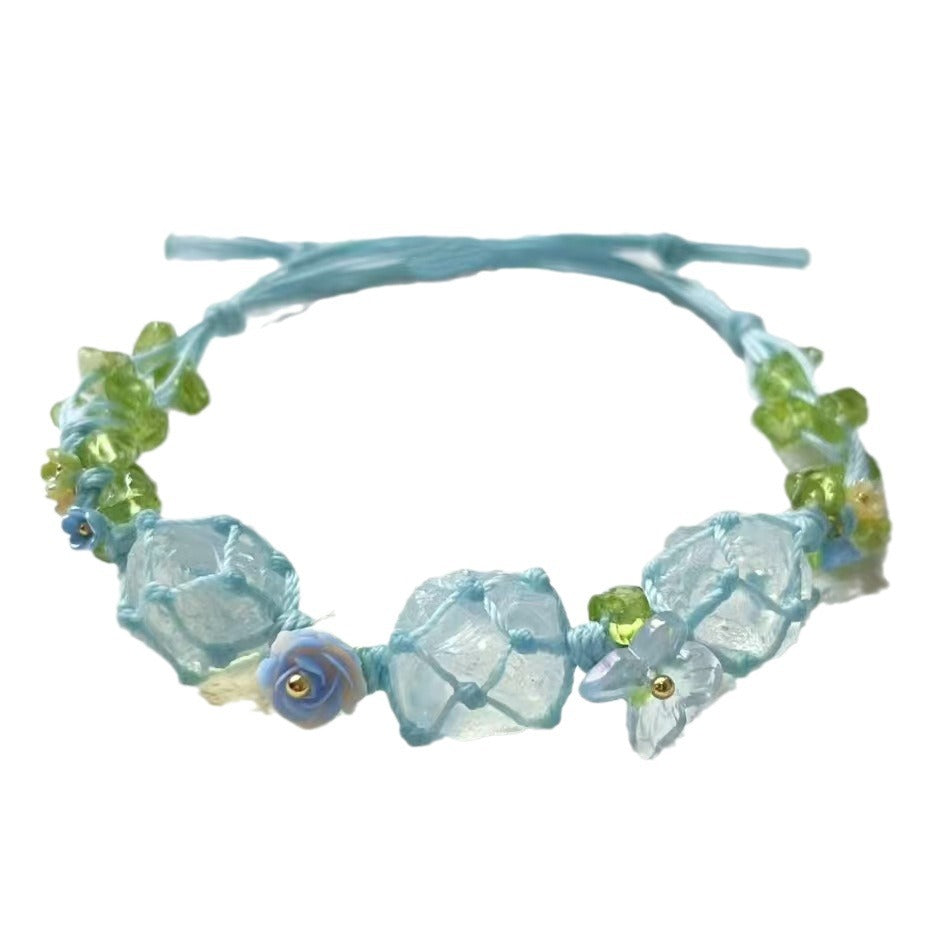 Handmade, fresh & light blue braided bracelet with white crystal charm for women