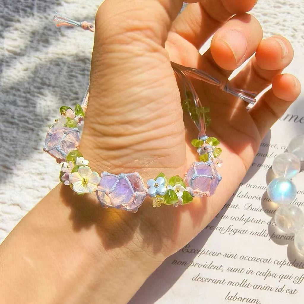 Handmade crystal bracelet with raw stones - handcrafted rose quartz bead bracelet