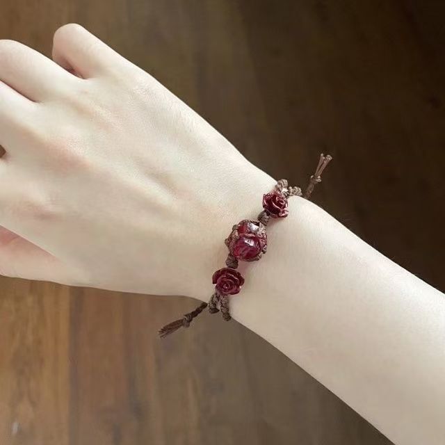 Rose heartache cherry red glazed handwoven raw stone bracelet