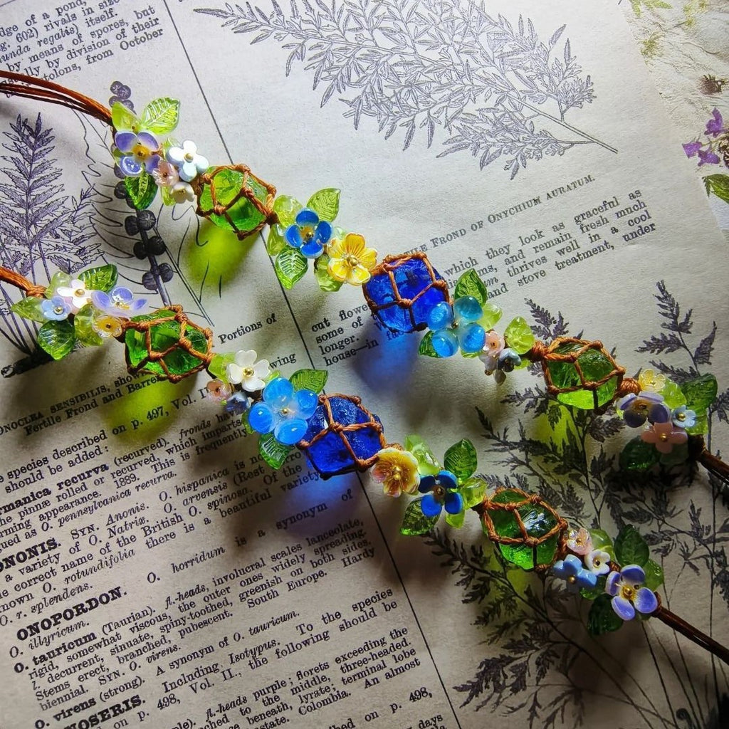Handmade braided bracelet - forest-inspired fresh floral vine with blue glazed beads