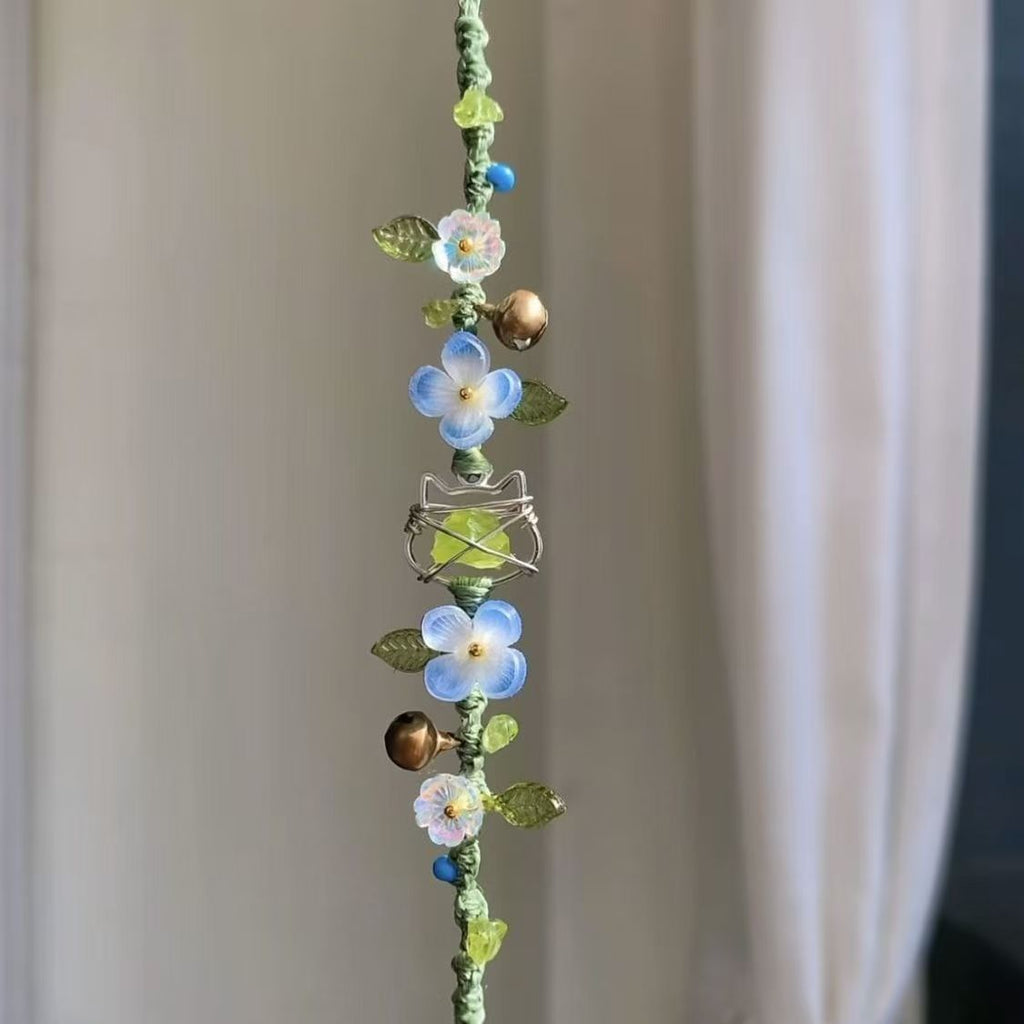 Handmade braided cord bracelet - mori girl style, fresh floral vine with green glazed beads