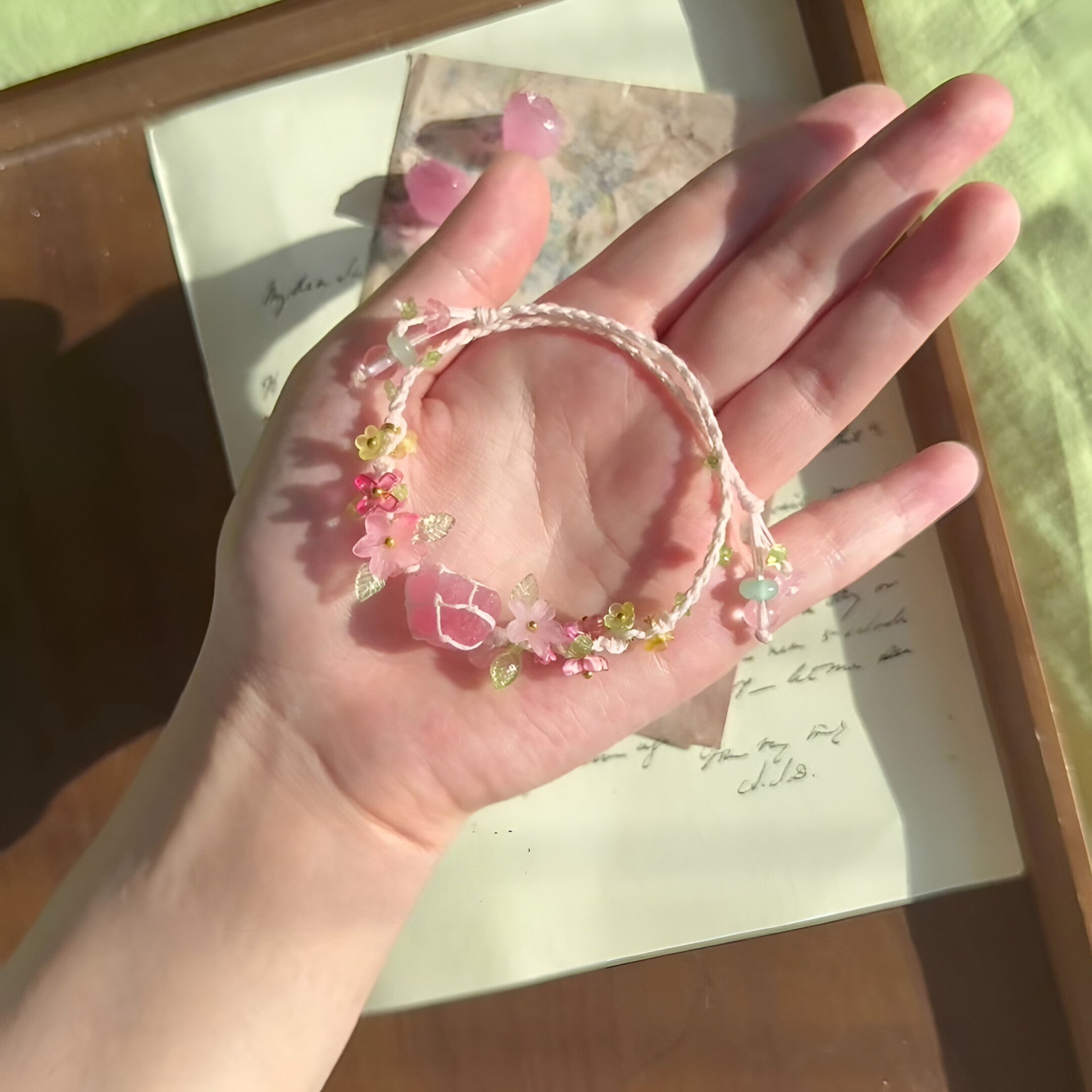 Handmade rope pink crystal bracelet