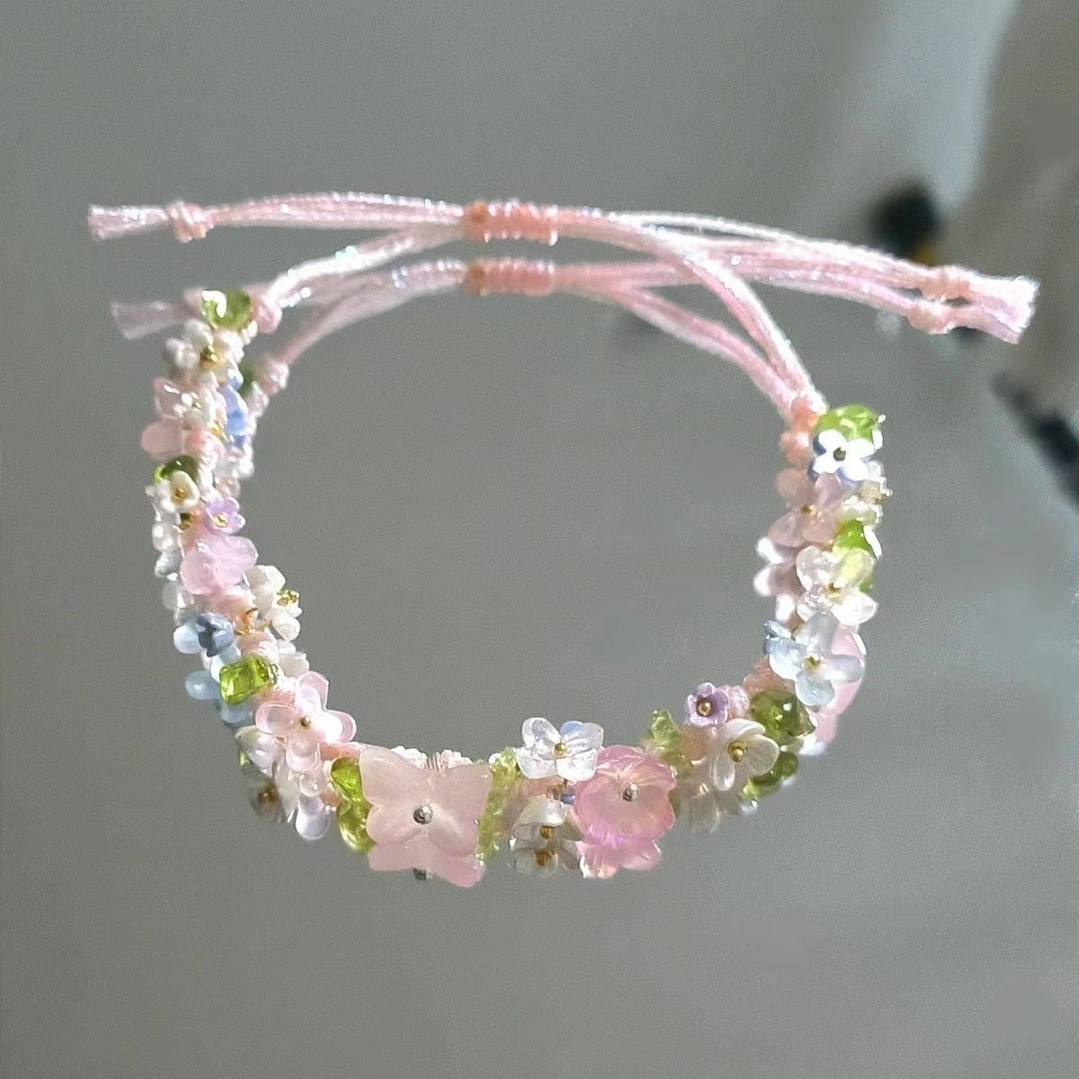 Crystal raw stone braided floral bracelet - mori girl style handmade cord bracelet