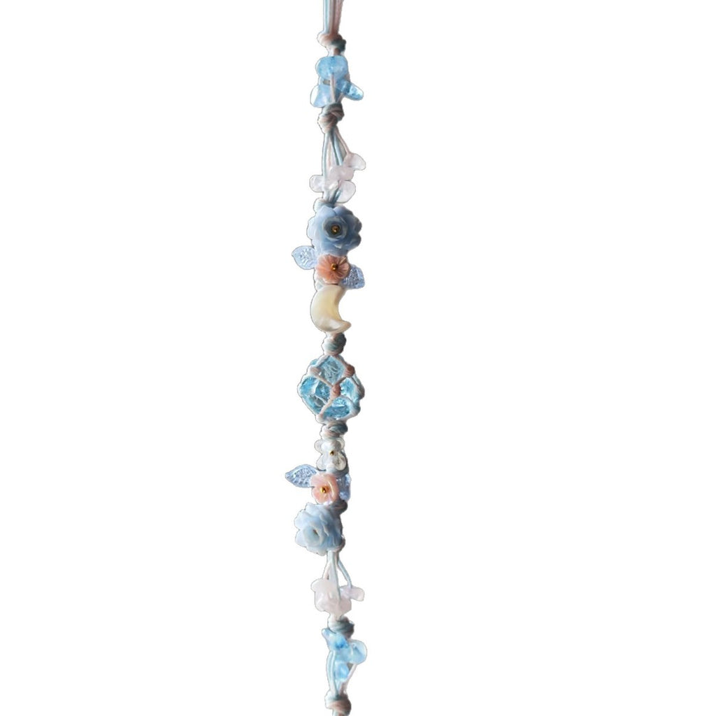 Blue floral bracelet crystal mesh bag handmade braided cord