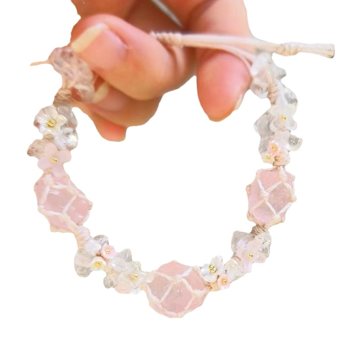 Pink crystal hand-woven rough stone bracelet