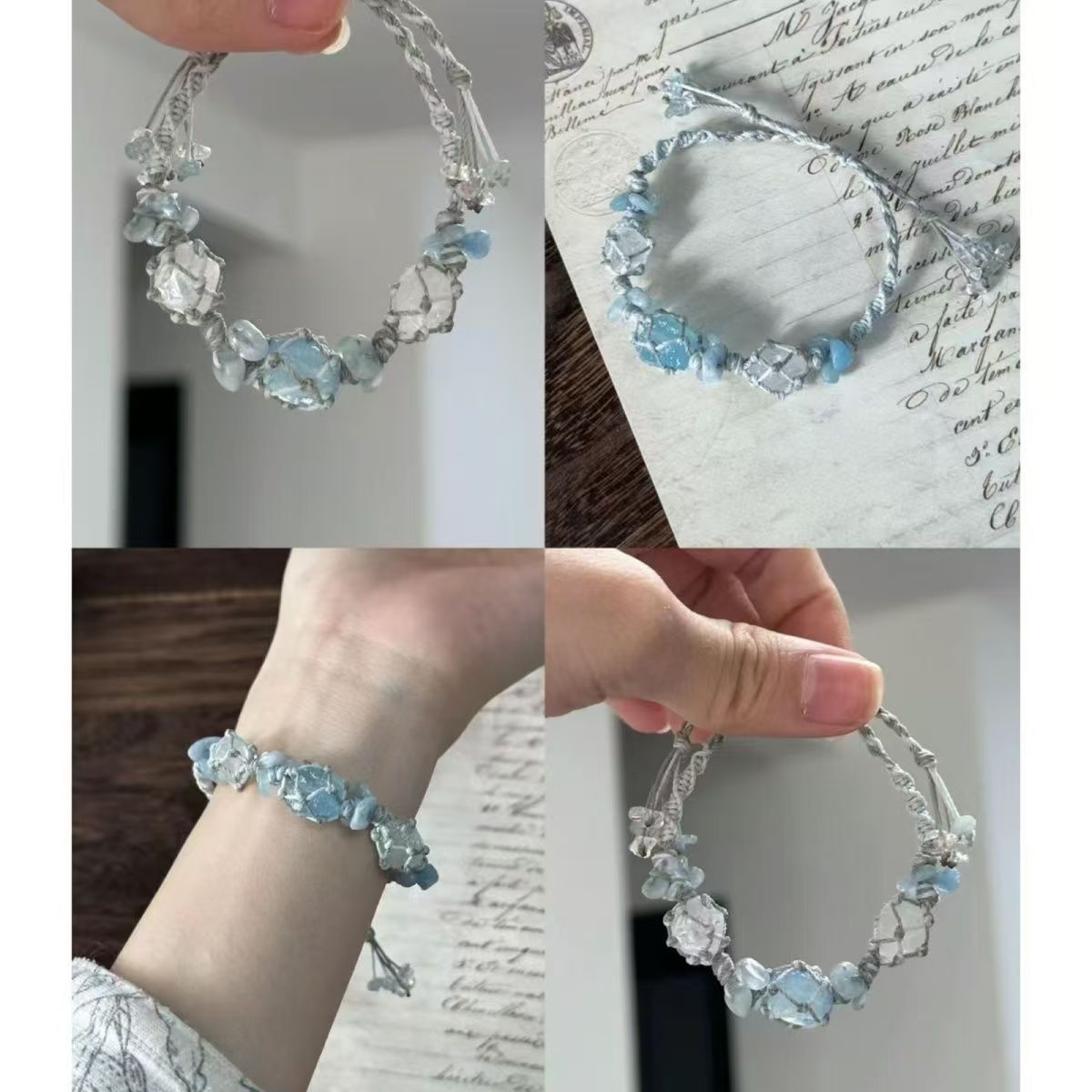 Aquamarine and white crystal handmade braided bracelet