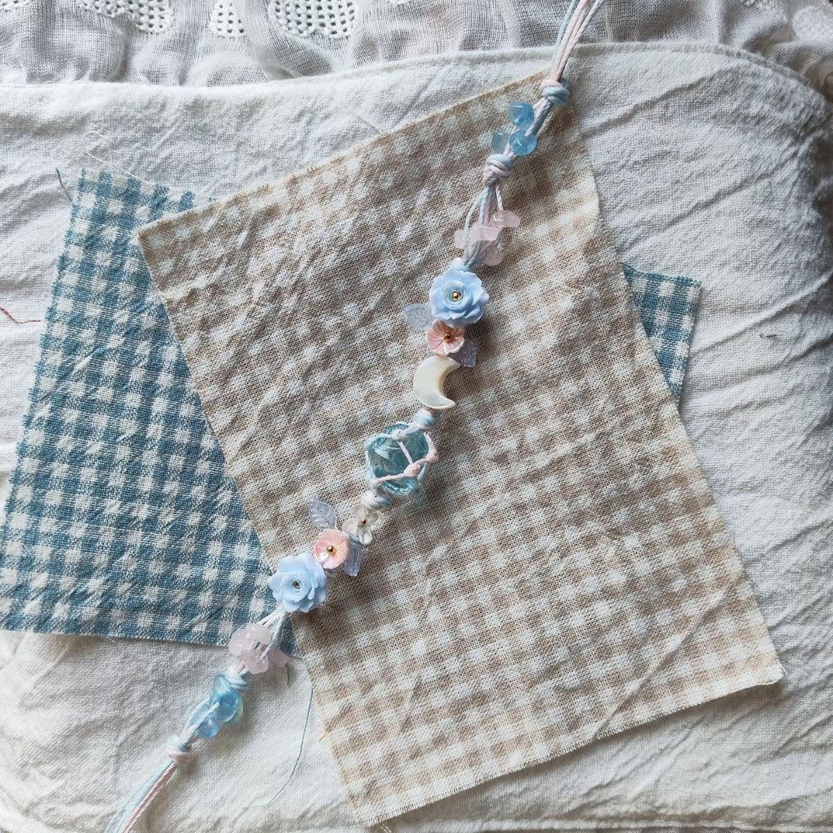 Blue floral bracelet crystal mesh bag handmade braided cord