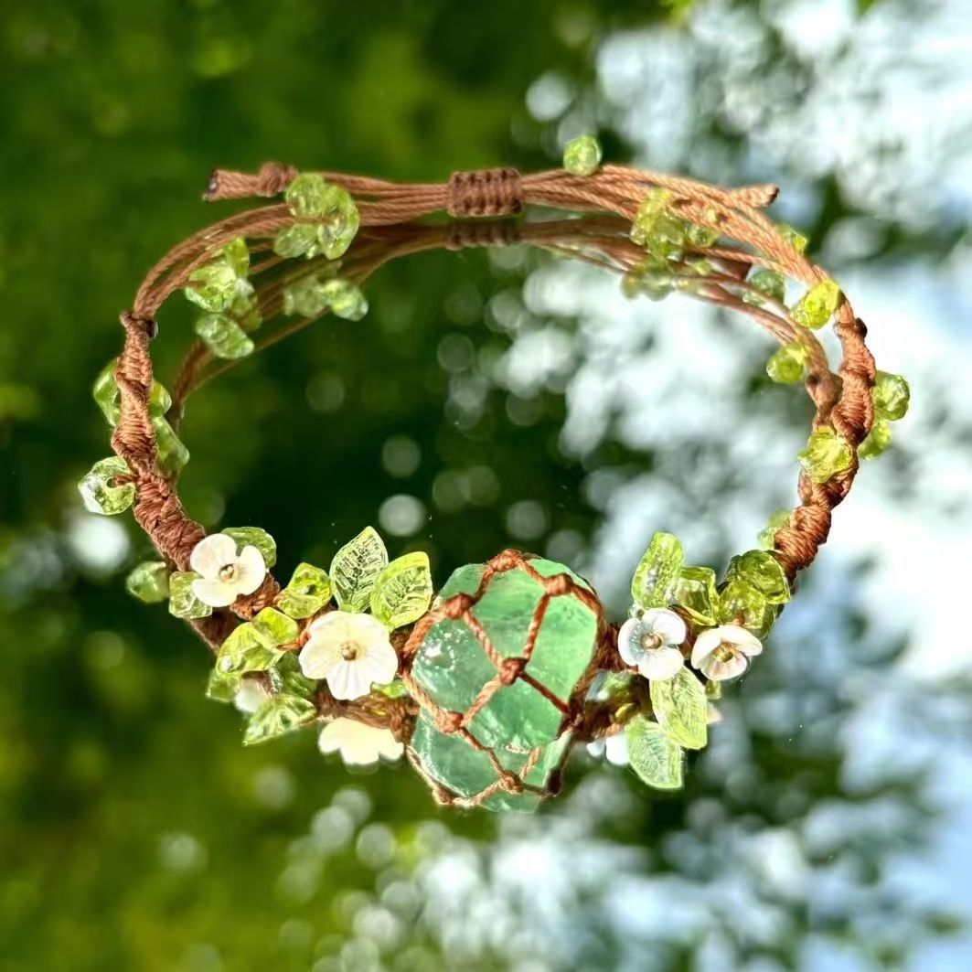 Handmade braided raw stone bracelet - green crystal fluorite new style cord bracelet