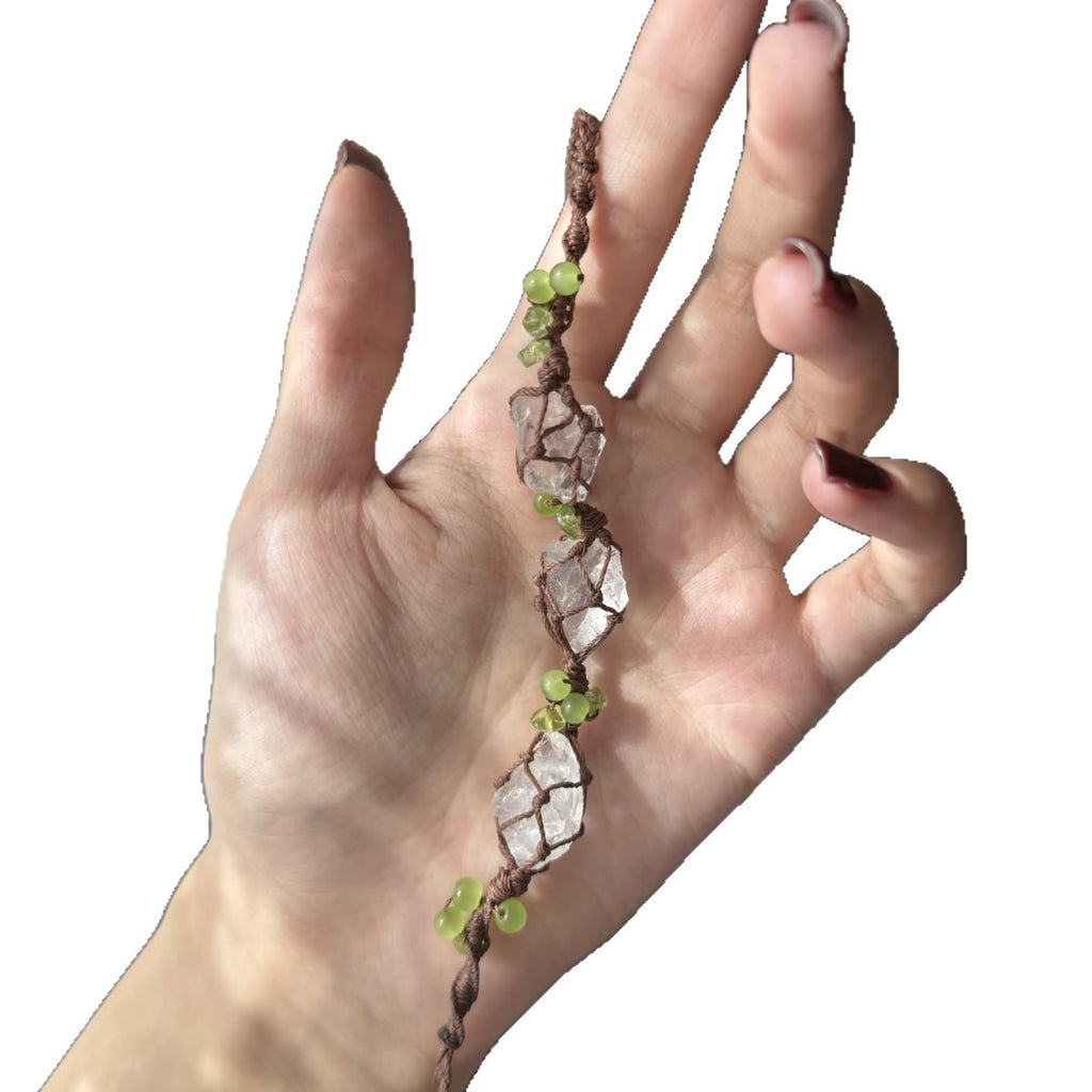 Original handmade braided bracelet with translucent crystal and green crushed stone