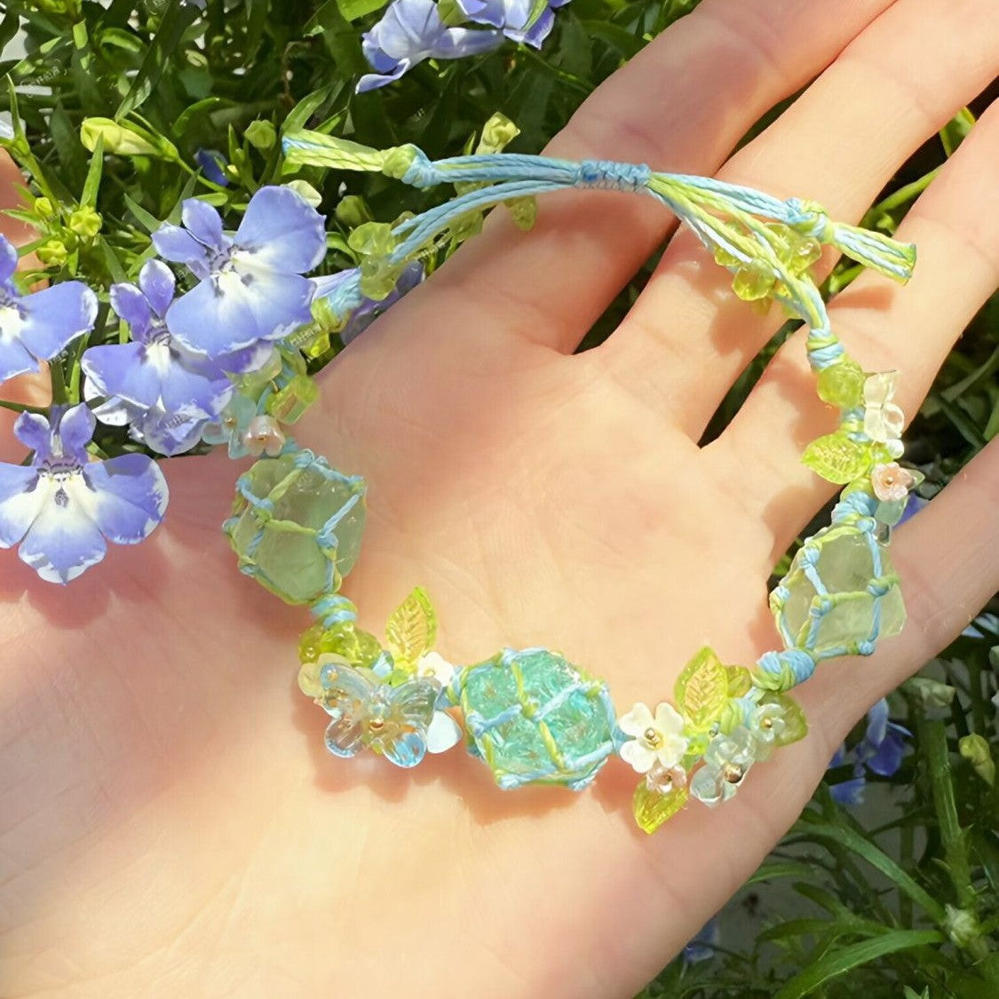 Handmade fluorite bracelet blue glass pure handmade hand braided rope