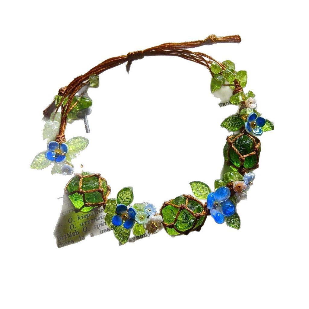 Handmade braided cord bracelet - mori girl style, fresh floral vine, green glazed bead, unique hand-braided cord gift, jewelry