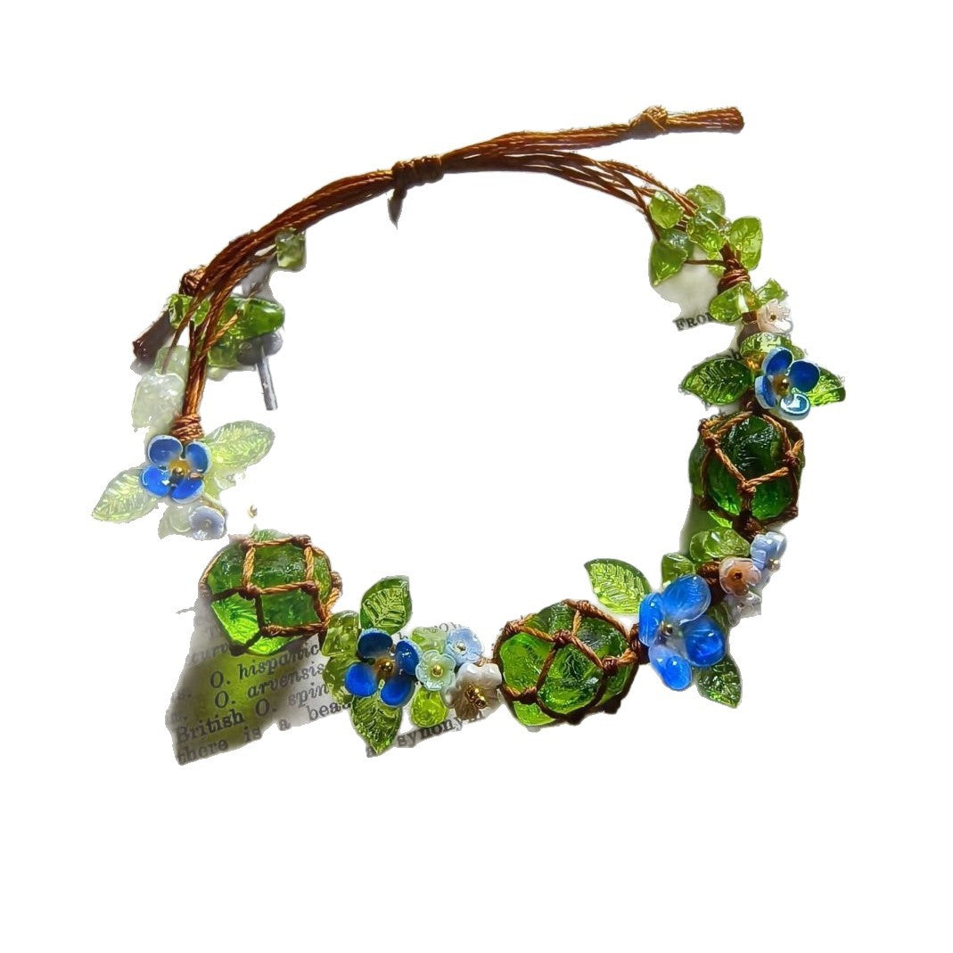 Handmade braided cord bracelet - mori girl style, fresh floral vine, green glazed bead, unique hand-braided cord gift, jewelry