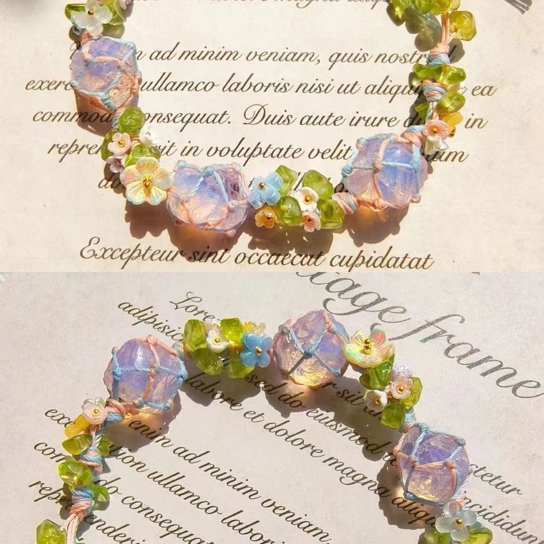 Handmade crystal bracelet with raw stones - handcrafted rose quartz bead bracelet