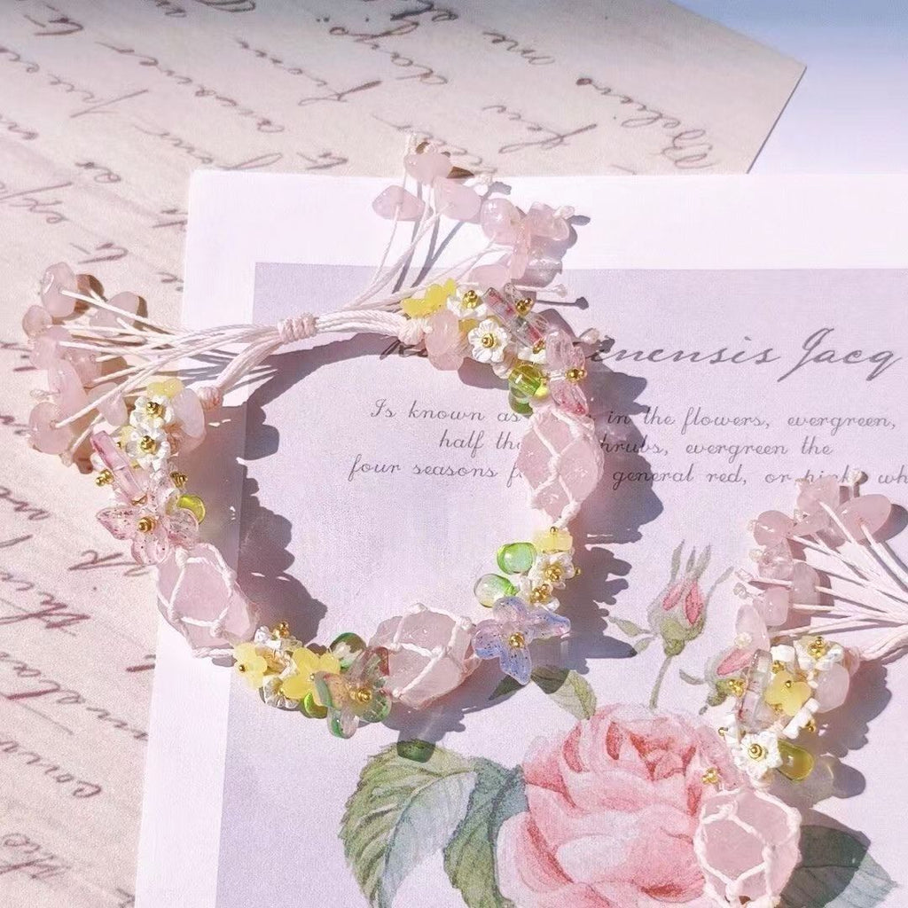 Pink flower bracelet handmade raw stone braided bracelet bracelet