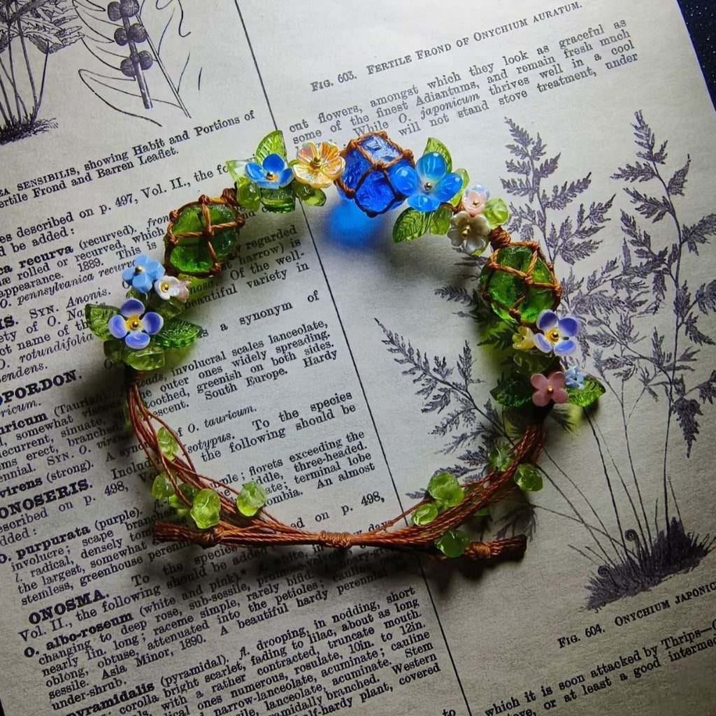 Handmade braided bracelet - forest-inspired fresh floral vine with blue glazed beads