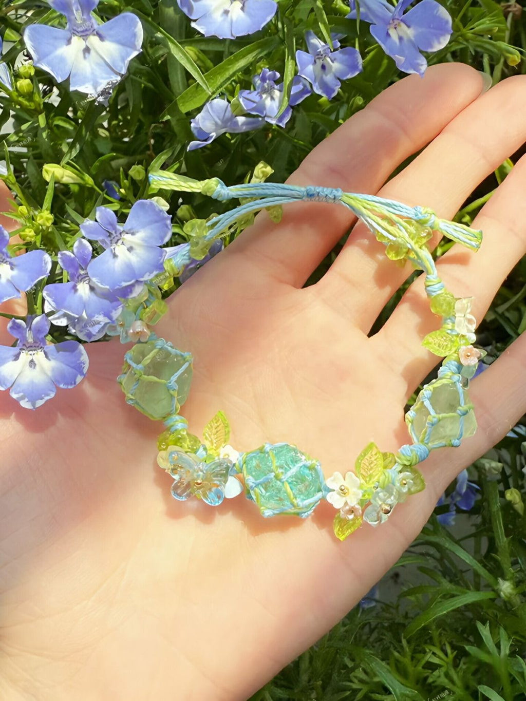 Handmade fluorite bracelet blue glass pure handmade hand braided rope
