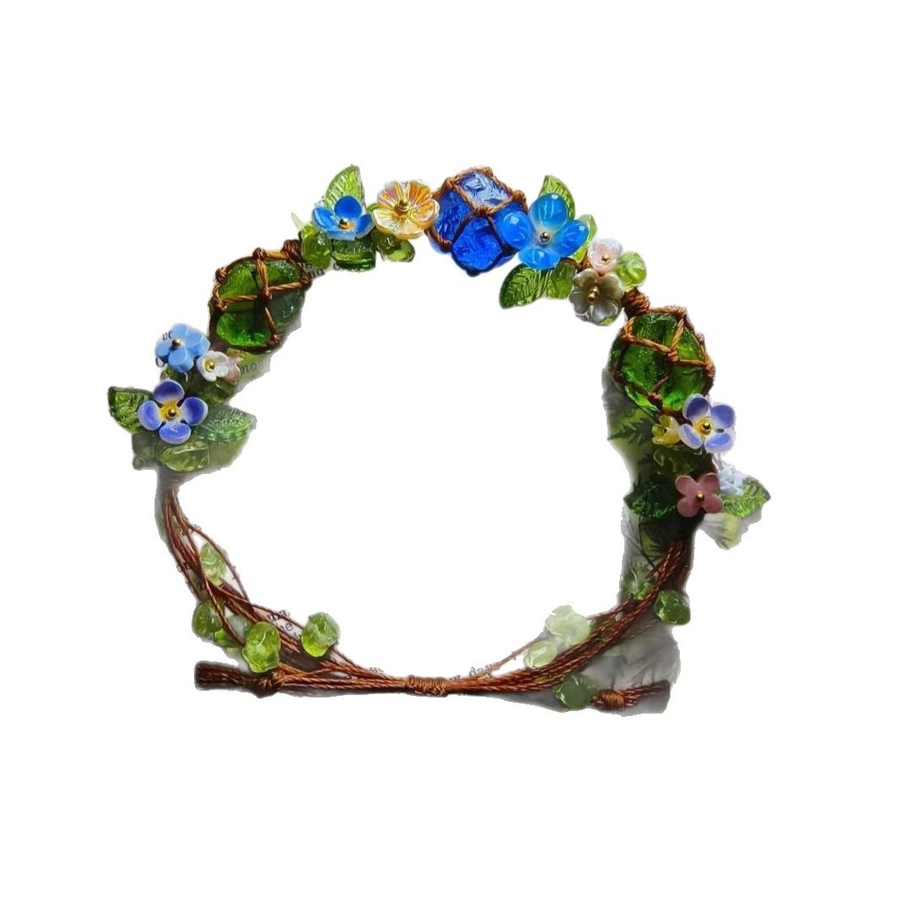 Handmade braided bracelet - forest-inspired fresh floral vine with blue glazed beads