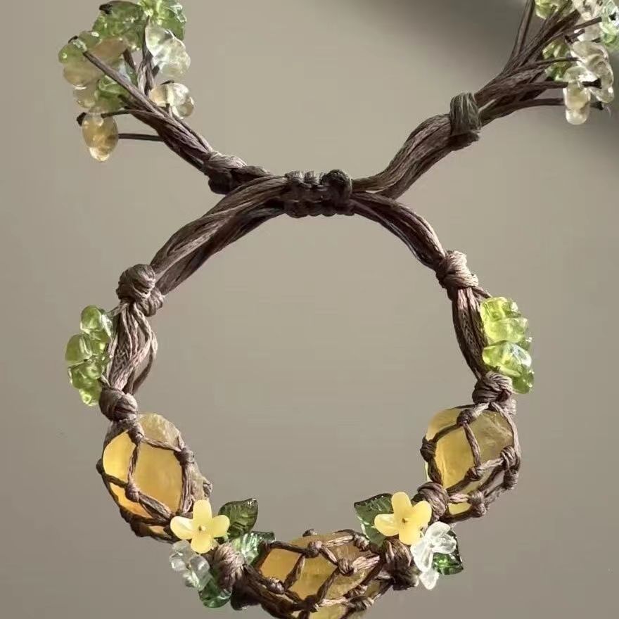 Crystal raw stone braided bracelet fluorite bracelet covered with small flowers