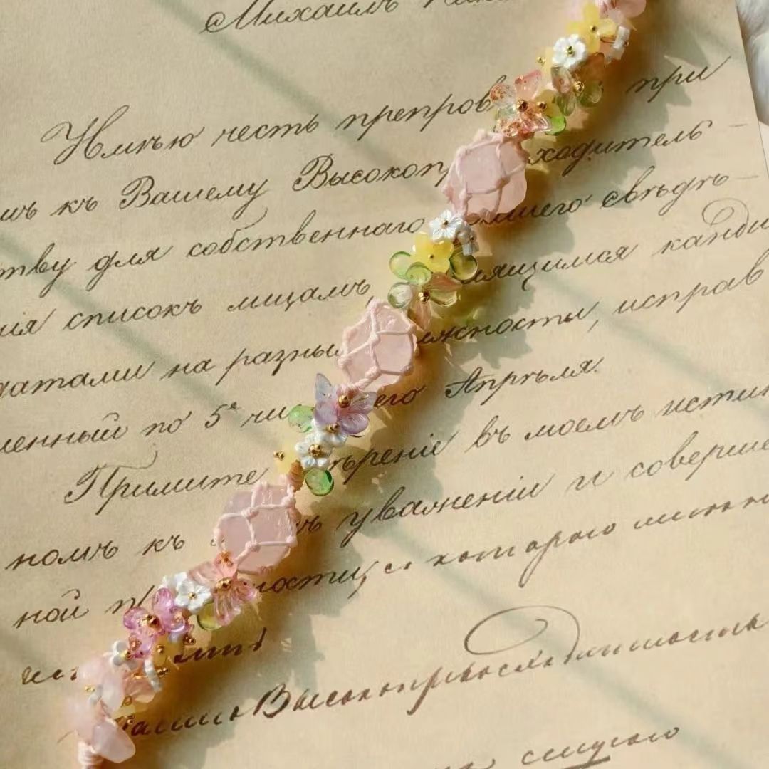 Pink flower bracelet handmade raw stone braided bracelet bracelet