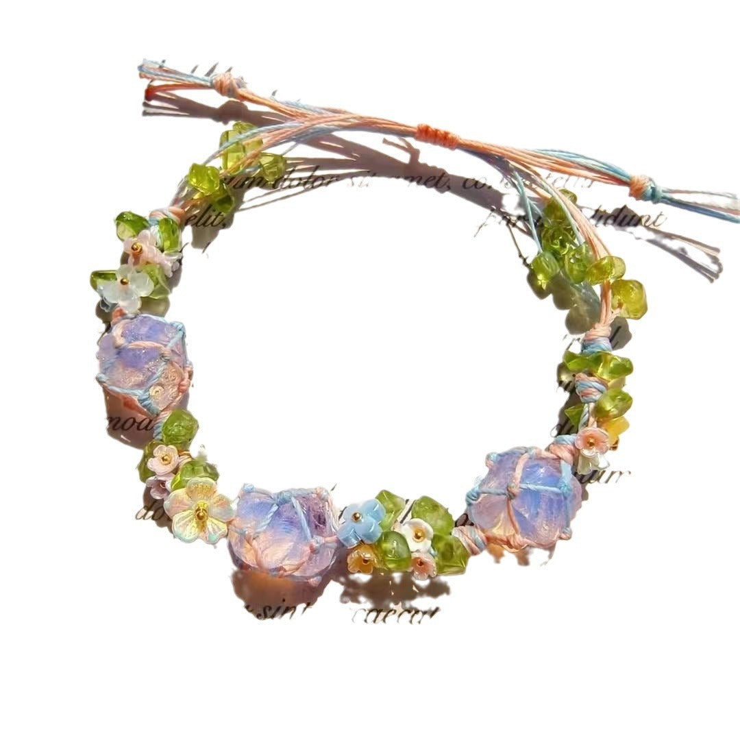 Handmade crystal bracelet with raw stones - handcrafted rose quartz bead bracelet
