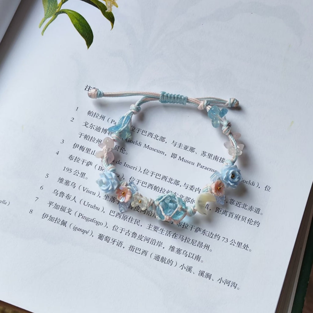 Blue floral bracelet crystal mesh bag handmade braided cord