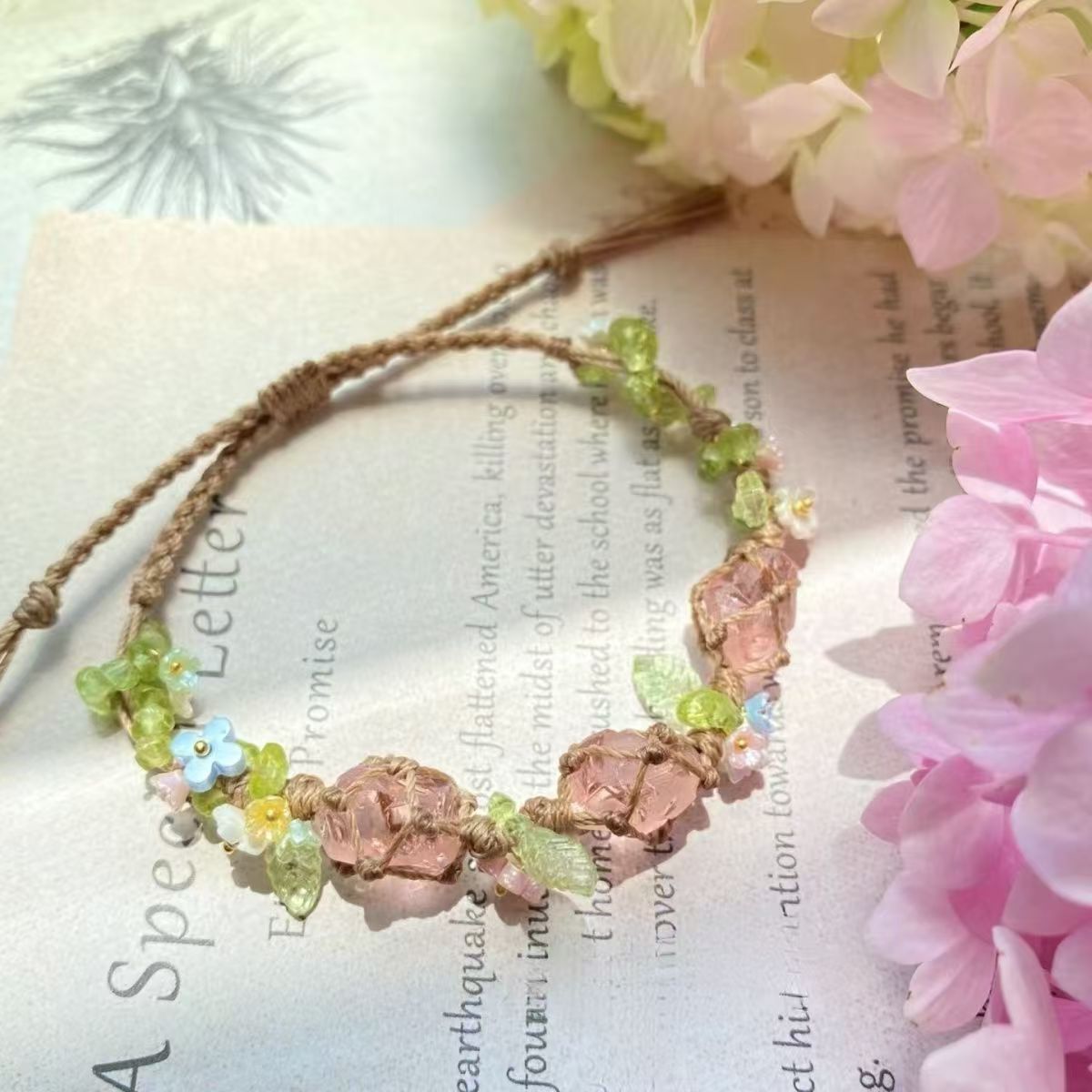 Handmade braided rose quartz crystal bracelet - floral design, forest-inspired, perfect gift for best friends, attracts love