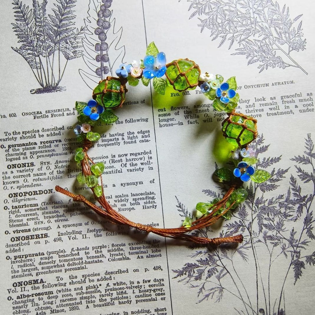 Handmade braided cord bracelet - mori girl style, fresh floral vine, green glazed bead, unique hand-braided cord gift, jewelry