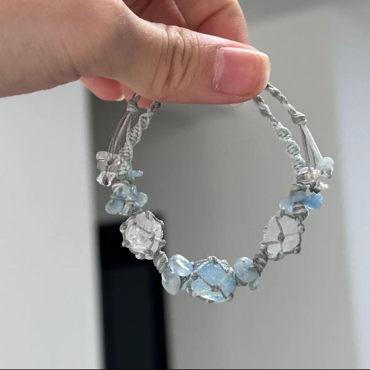 Aquamarine and white crystal handmade braided bracelet