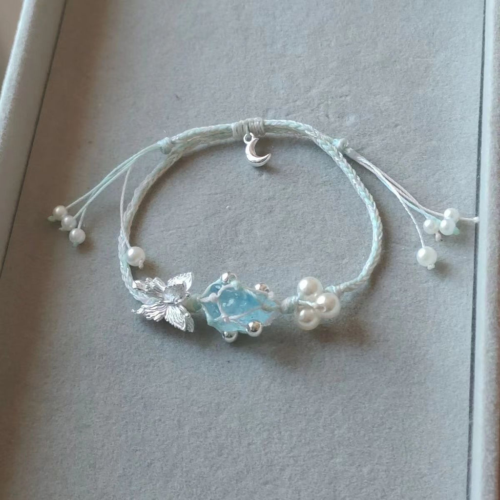 Aquamarine raw stone bracelet with butterfly design - original braided, minimalist, sweet style - couple's bracelet