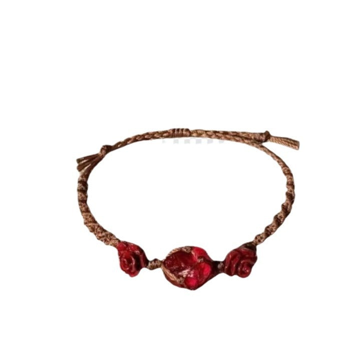 Rose heartache cherry red glazed handwoven raw stone bracelet