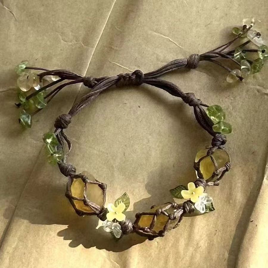 Crystal raw stone braided bracelet fluorite bracelet covered with small flowers