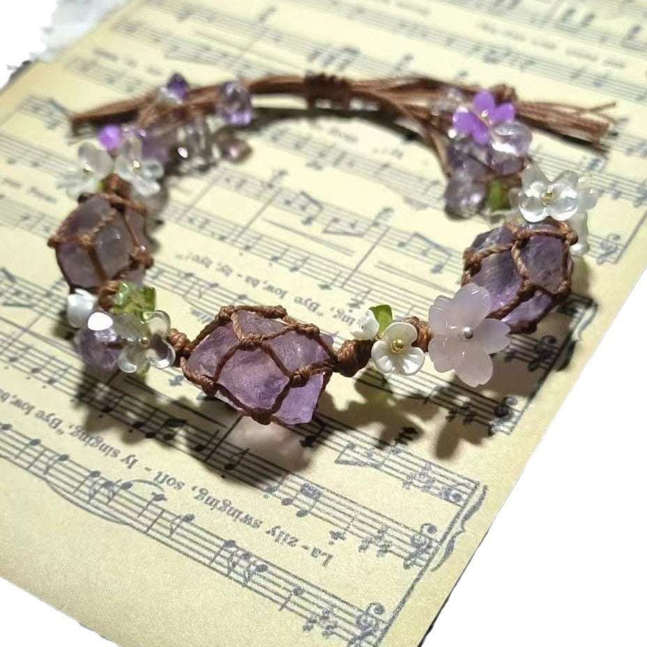 Handmade braided synthetic amethyst bracelet - raw stone gift cord