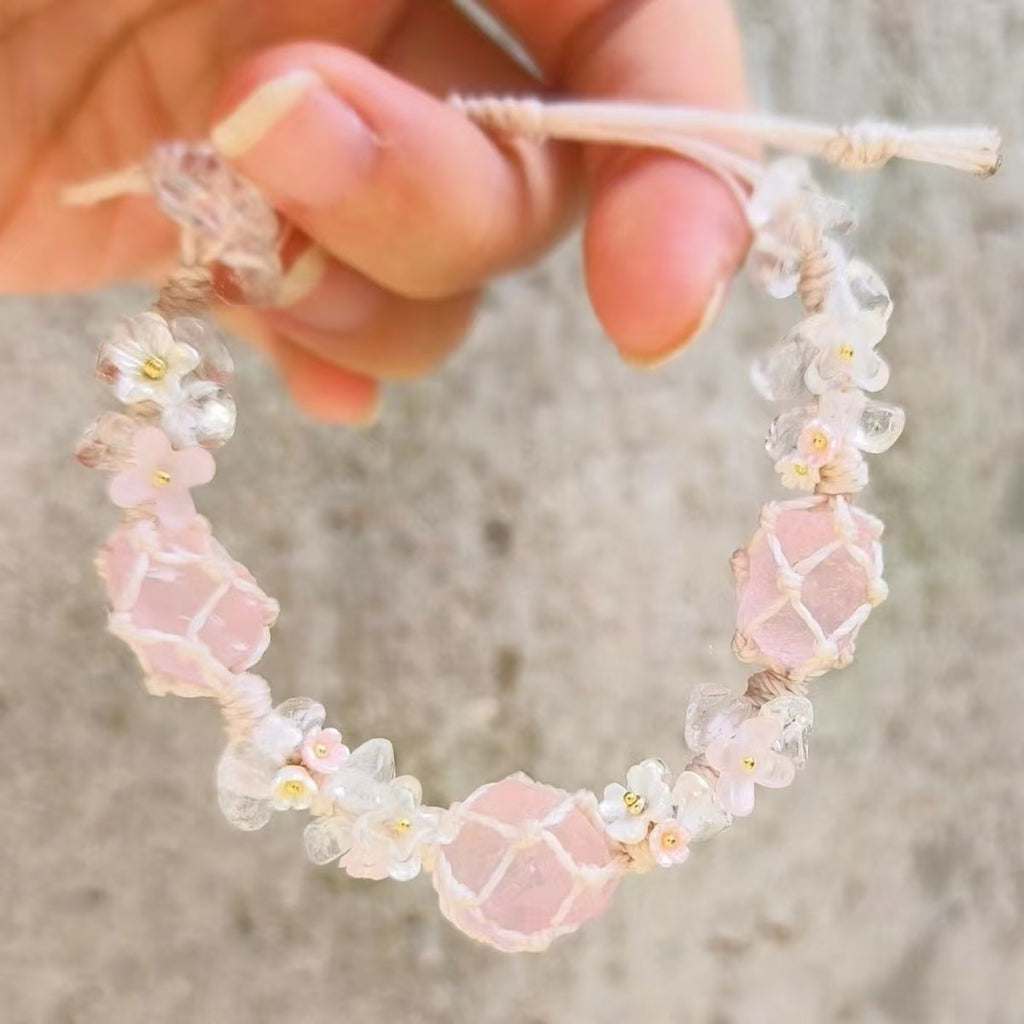 Pink crystal hand-woven rough stone bracelet