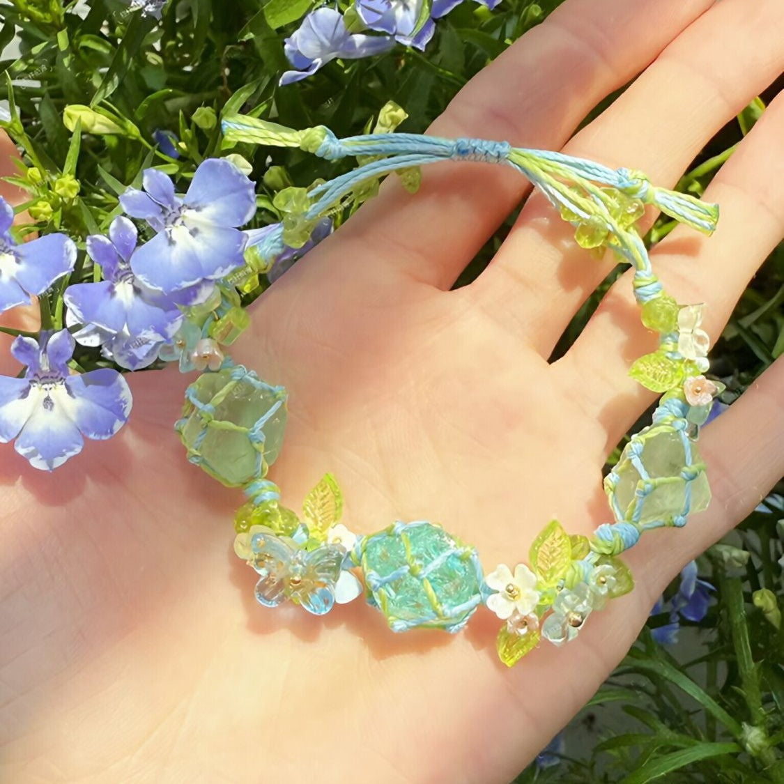 Handmade fluorite bracelet blue glass pure handmade hand braided rope
