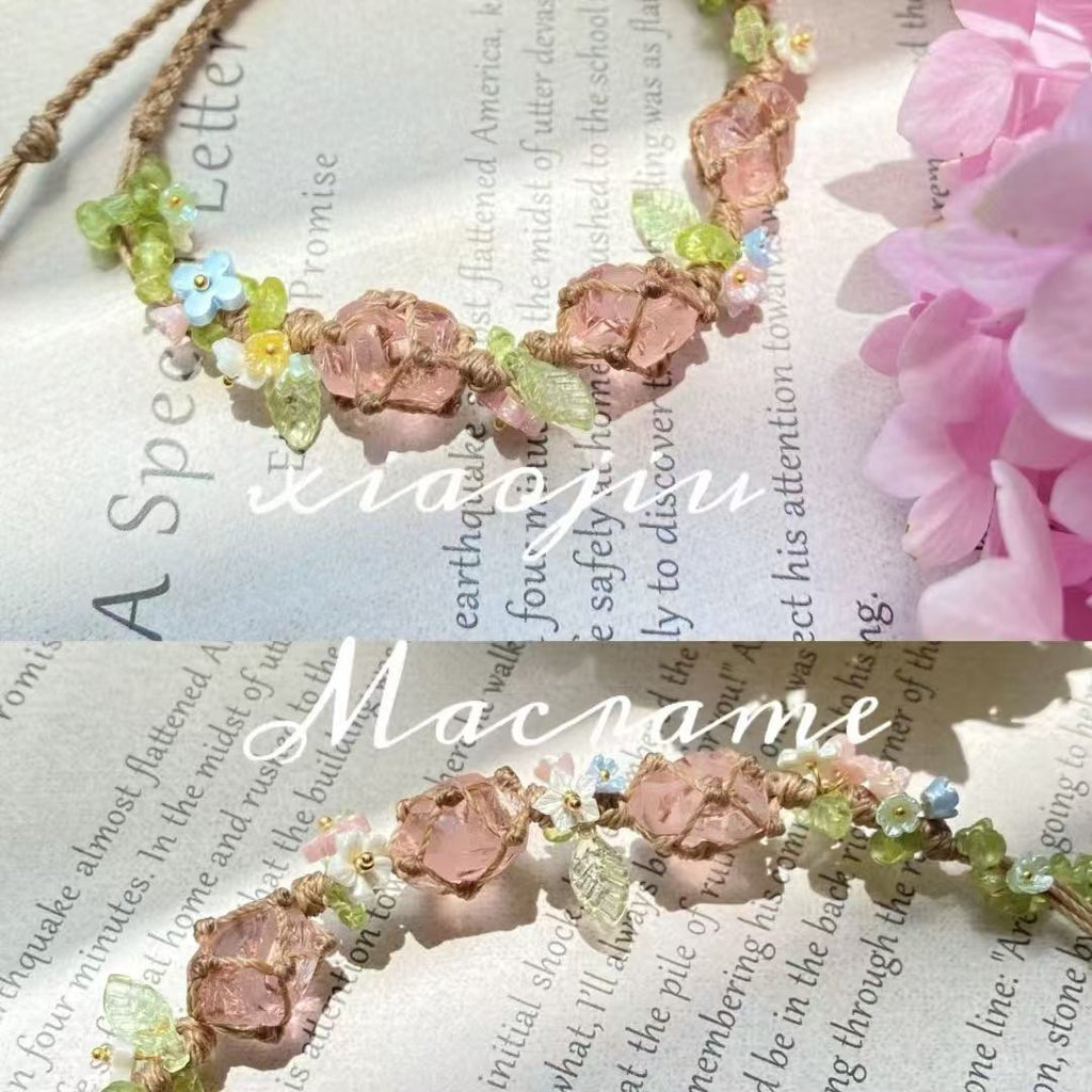 Handmade braided rose quartz crystal bracelet - floral design, forest-inspired, perfect gift for best friends, attracts love