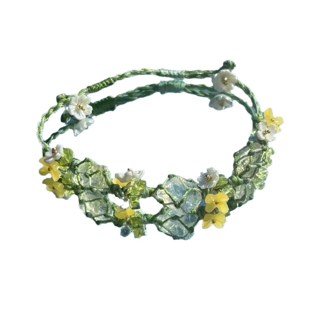 Handmade braided cord bracelet with white crystal weave - a refreshing style