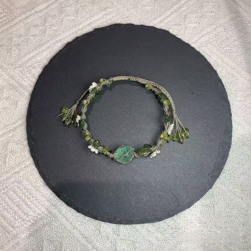 Handmade braided bracelet with green fluorite raw crystal - forest style
