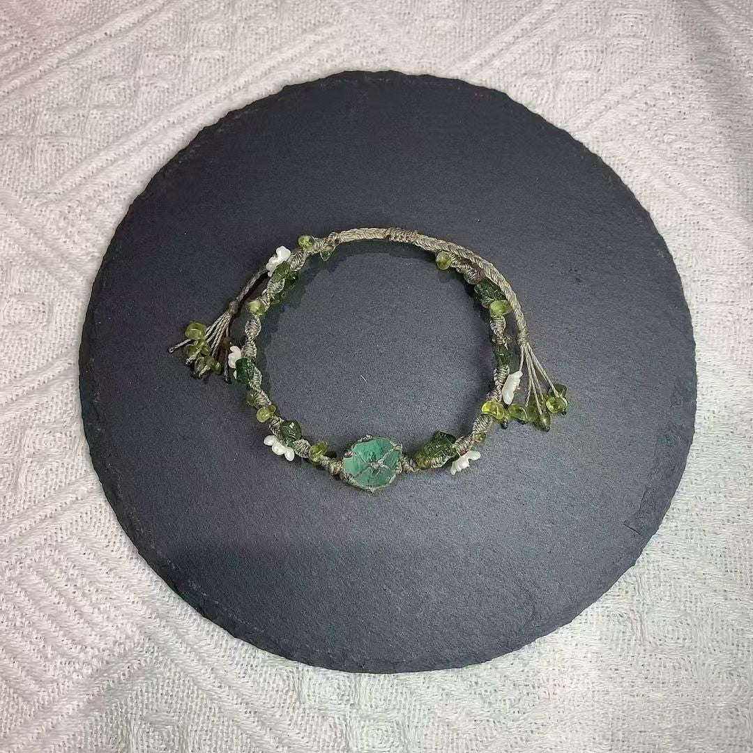 Handmade braided bracelet with green fluorite raw crystal - forest style