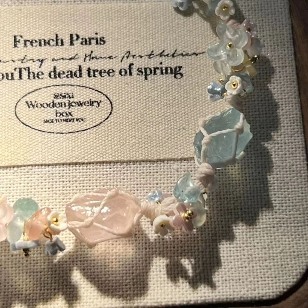 Handmade crystal bracelet with raw stones - handcrafted rose quartz & strawberry quartz bead bracelet