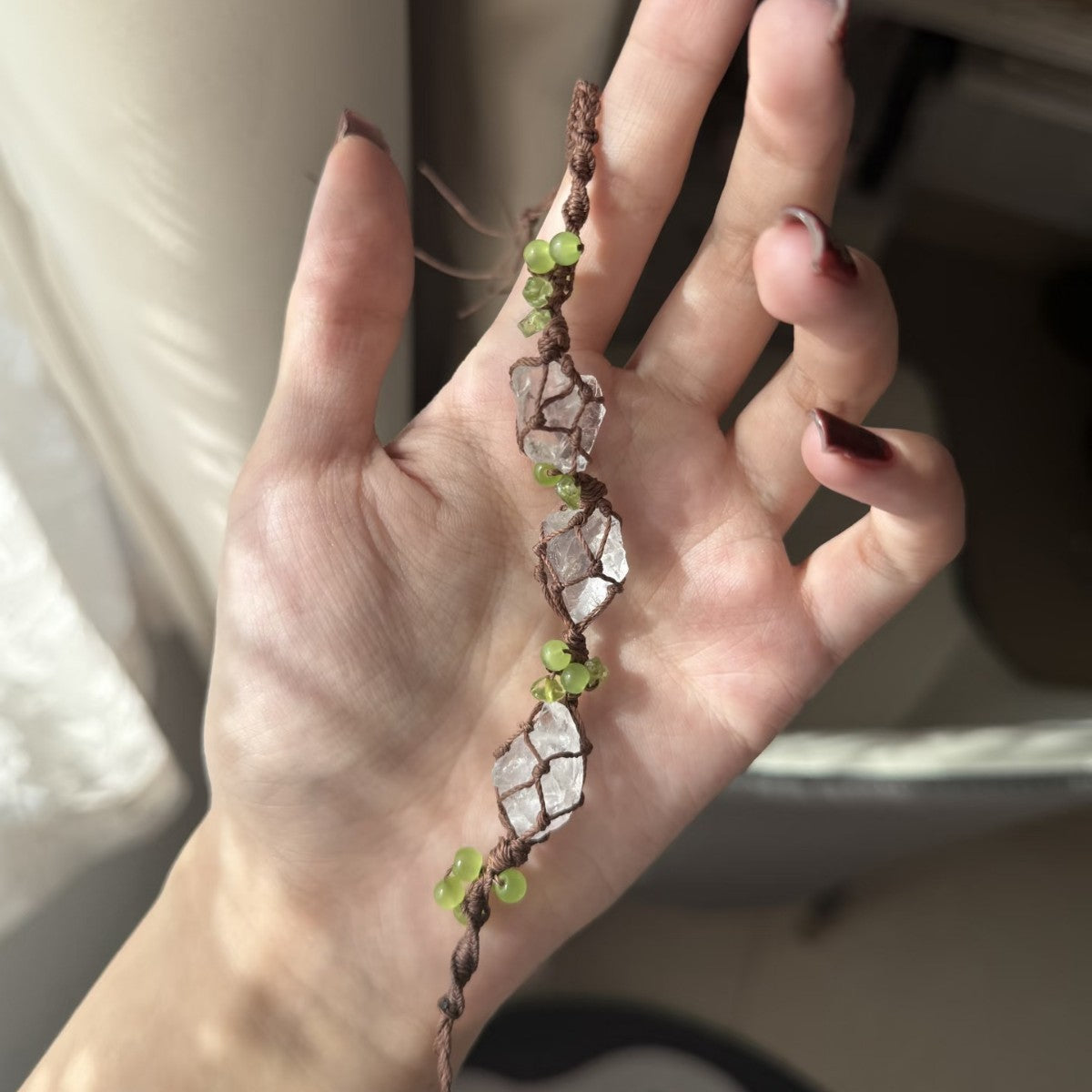 Original handmade braided bracelet with translucent crystal and green crushed stone