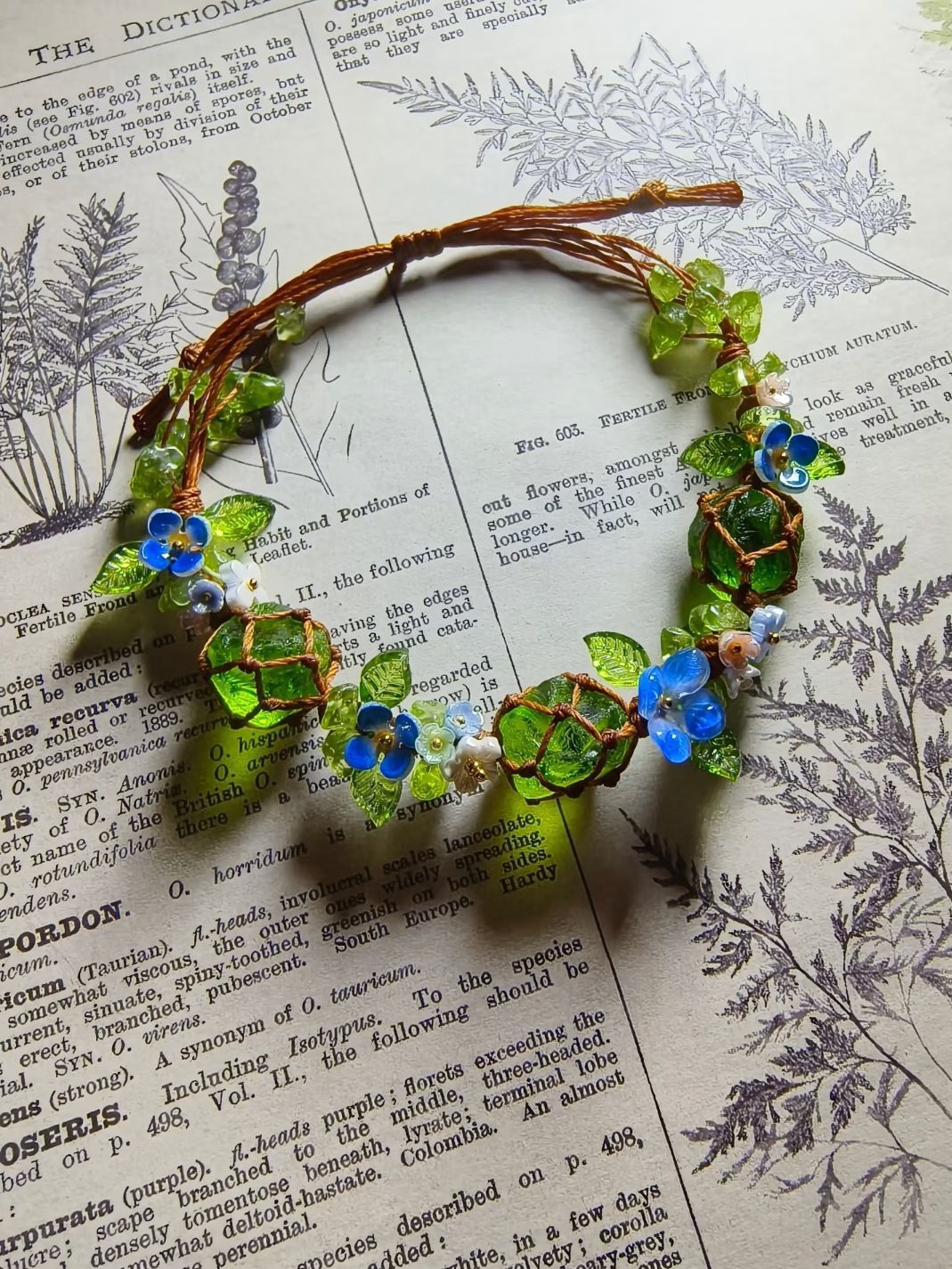 Handmade braided cord bracelet - mori girl style, fresh floral vine, green glazed bead, unique hand-braided cord gift, jewelry