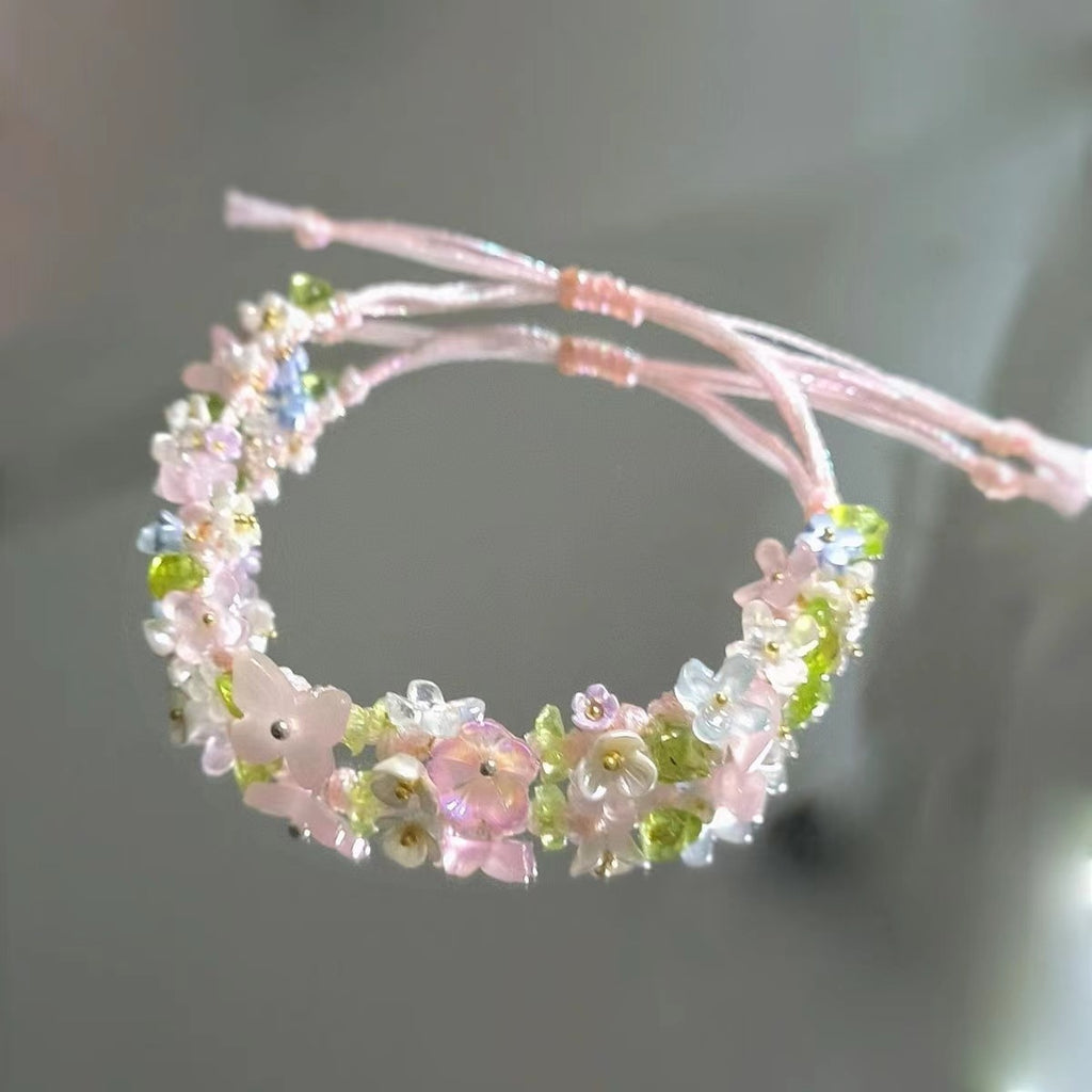 Crystal raw stone braided floral bracelet - mori girl style handmade cord bracelet