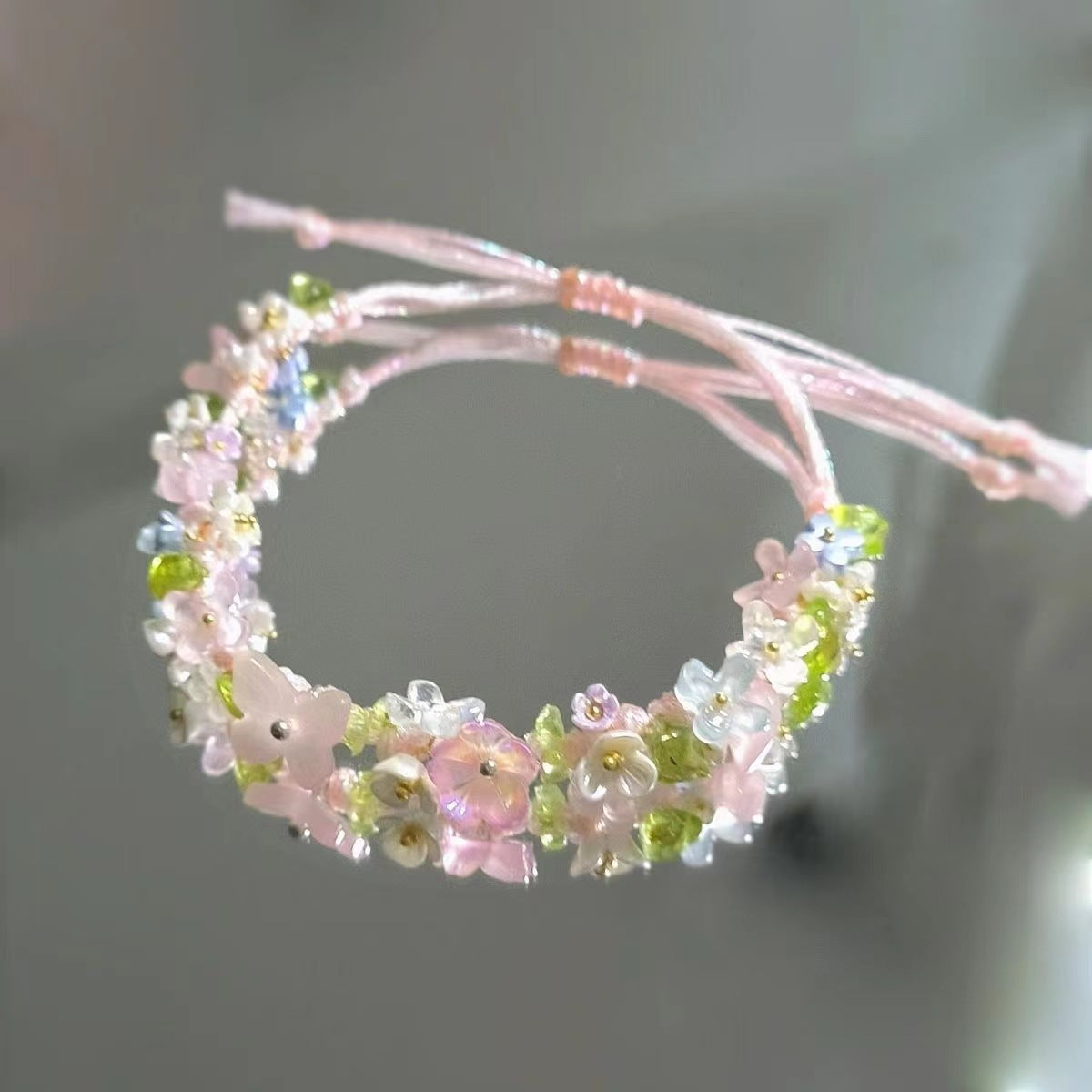 Crystal raw stone braided floral bracelet - mori girl style handmade cord bracelet