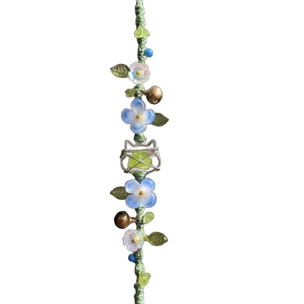 Handmade braided cord bracelet - mori girl style, fresh floral vine with green glazed beads